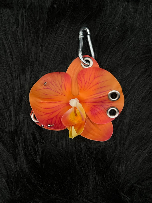 Orange Pierced Orchid Keychain With Silver Hardware