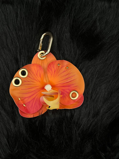 Orange Pierced Orchid Keychain With Gold Hardware
