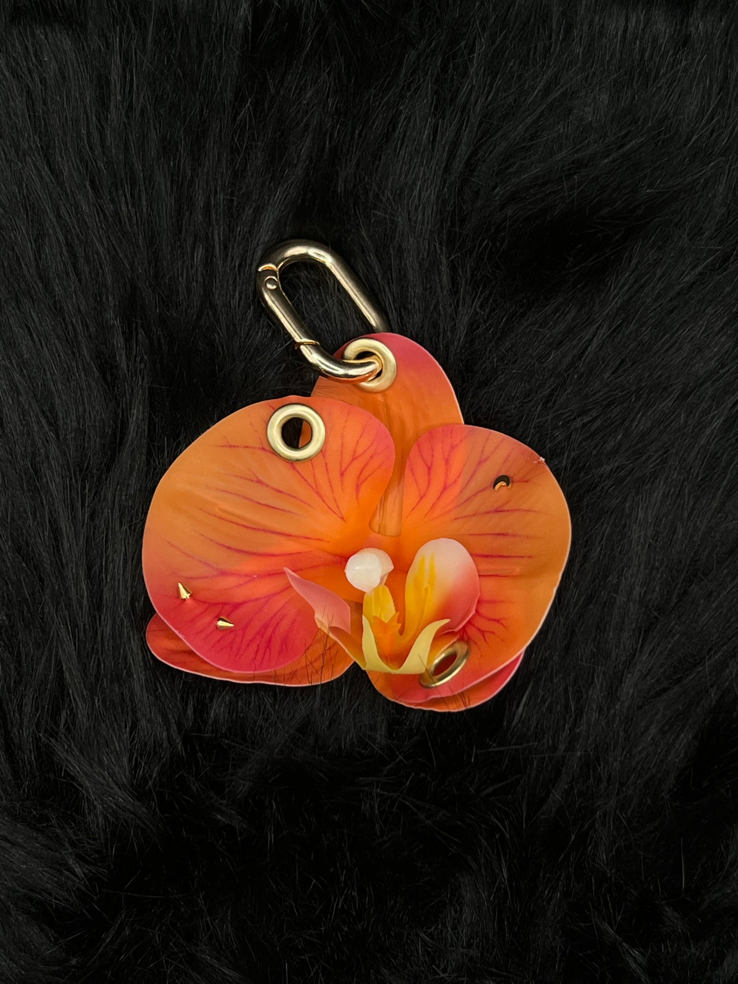 Orange Pierced Orchid Keychain With Gold Hardware