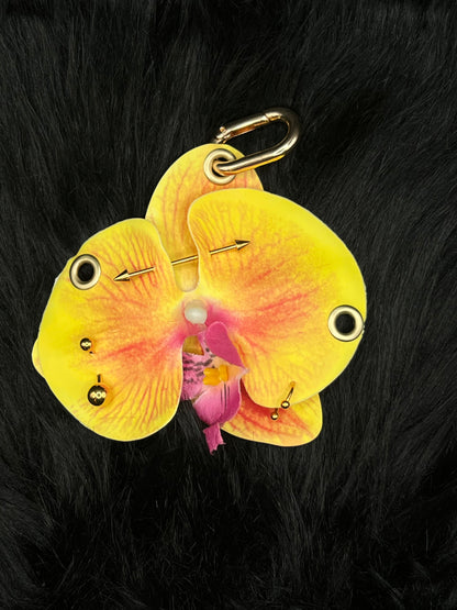 Yellow Pierced Orchid Keychain With Gold Hardware