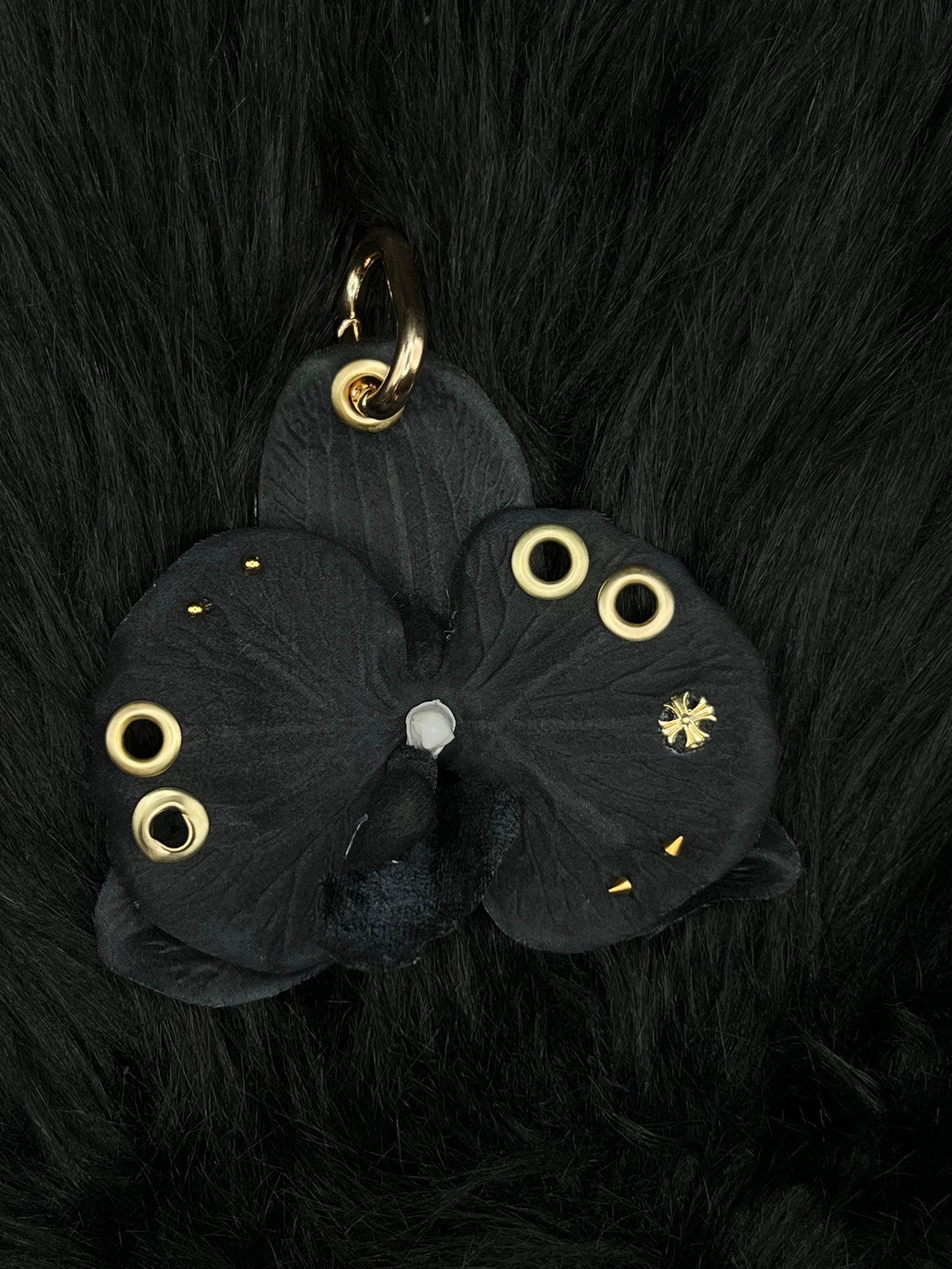 Black Pierced Orchid Keychain With Gold Hardware