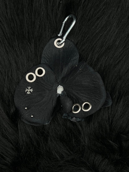 Black Pierced Orchid Keychain With Silver Hardware