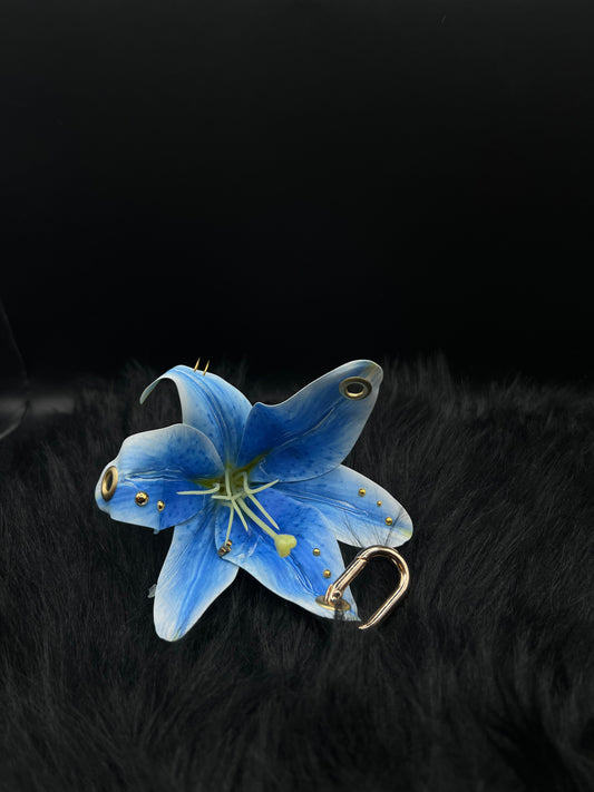 Blue Pierced Lilys Keychain with Gold Hardware