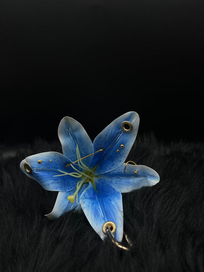 Blue Pierced Lilys Keychain with Gold Hardware