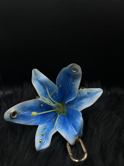 Blue Pierced Lilys Keychain with Gold Hardware