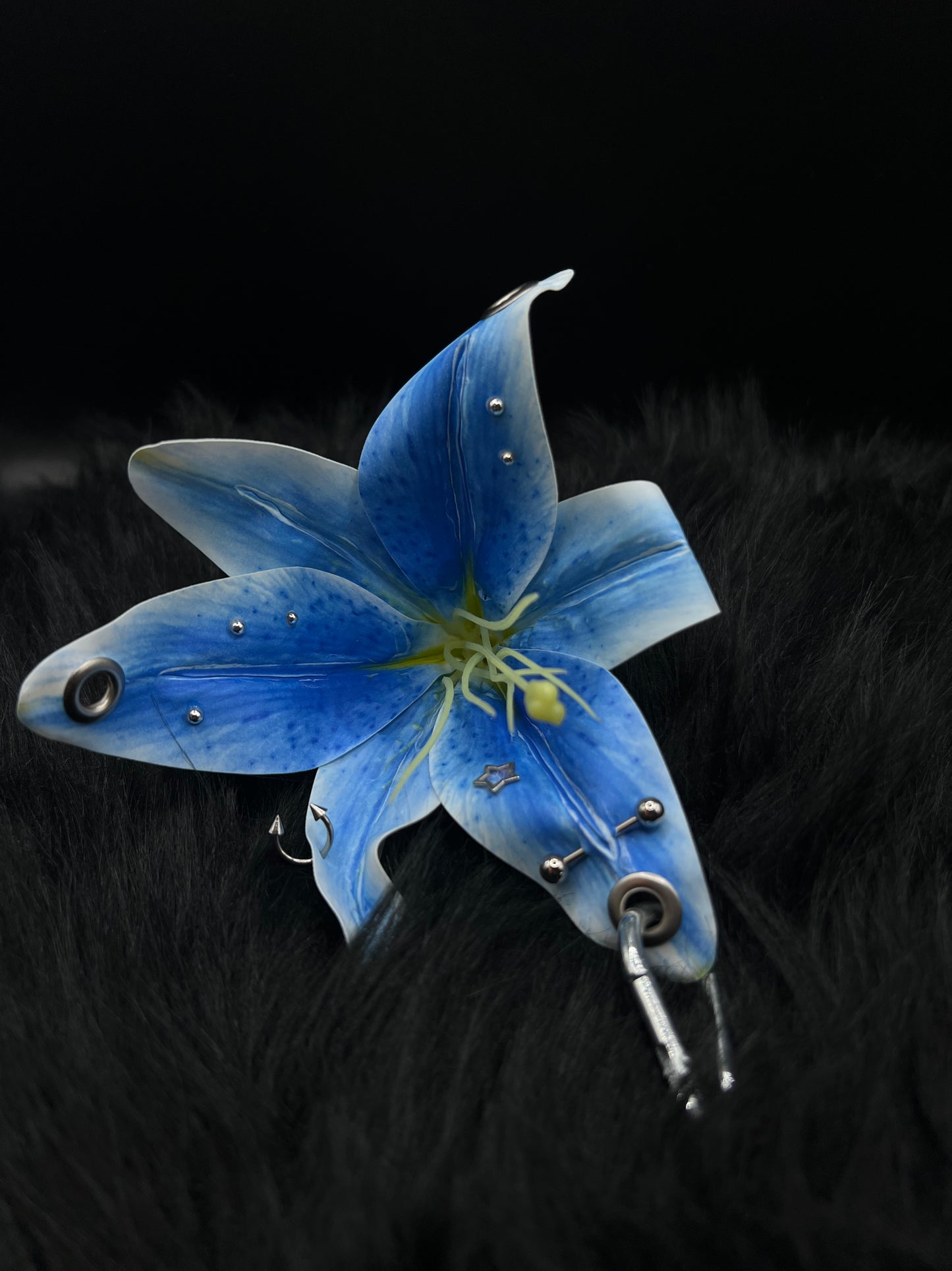 Blue Pierced Lilys Keychain with Silver Hardware