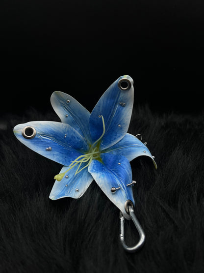 Blue Pierced Lilys Keychain with Silver Hardware