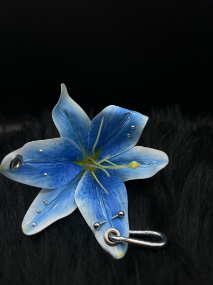 Blue Pierced Lilys Keychain with Silver Hardware