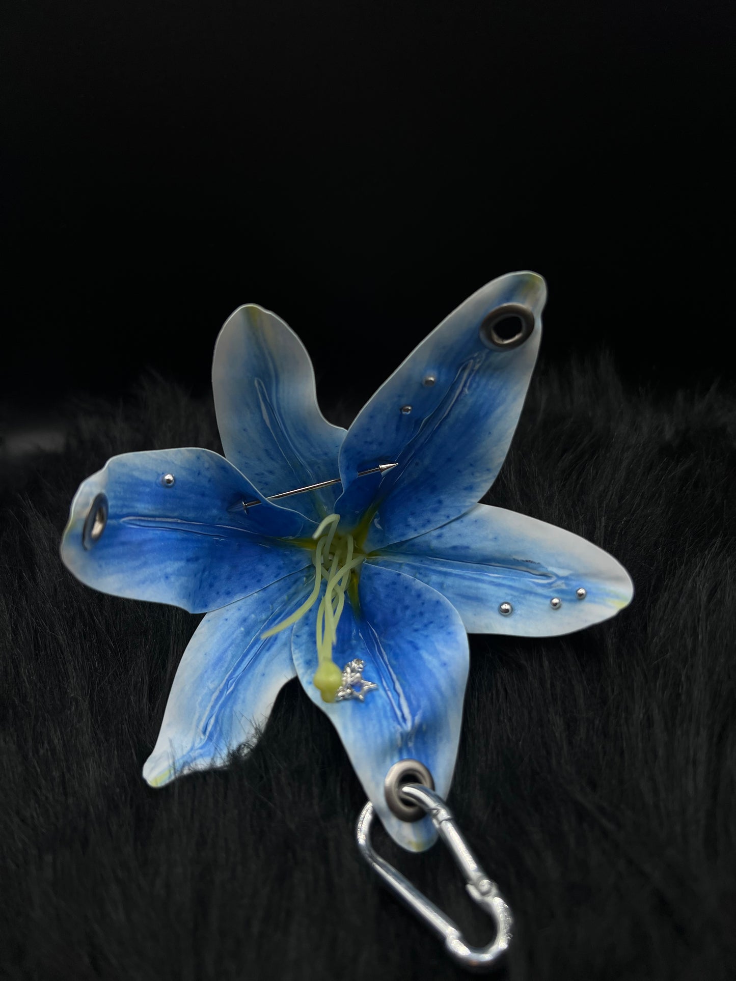 Blue Pierced Lilys Keychain with Silver Hardware