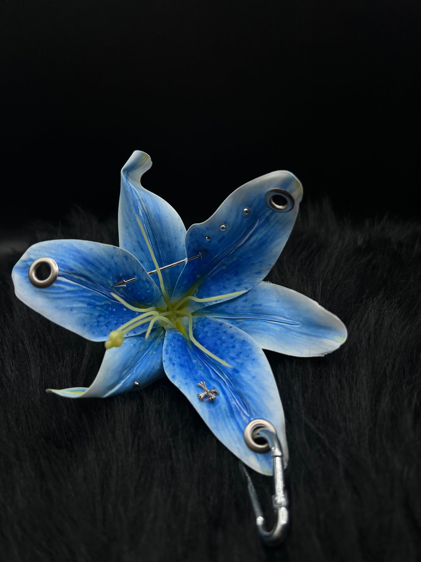 Blue Pierced Lilys Keychain with Silver Hardware