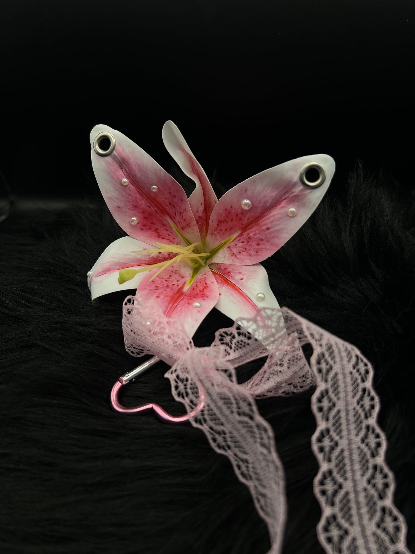 Pink Pierced Lilys Keychain with Silver Hardware