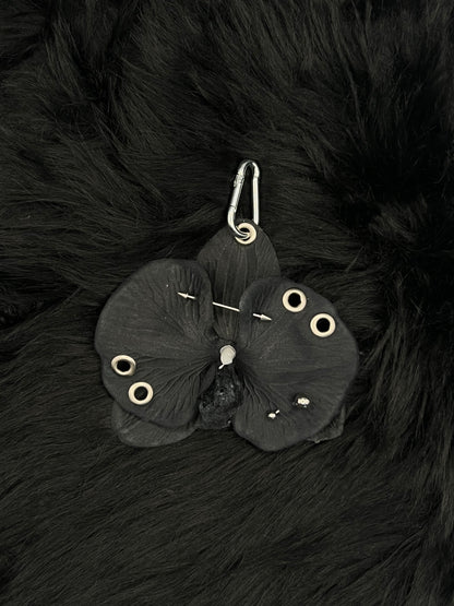 Black Pierced Orchid Keychain With Silver Hardware