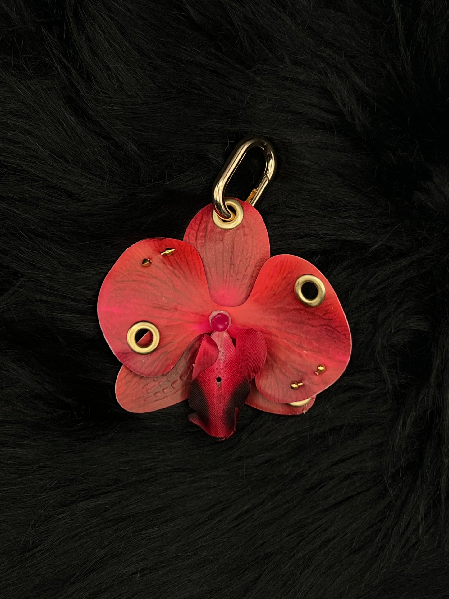Red Pierced Orchid Keychain With Gold Hardware