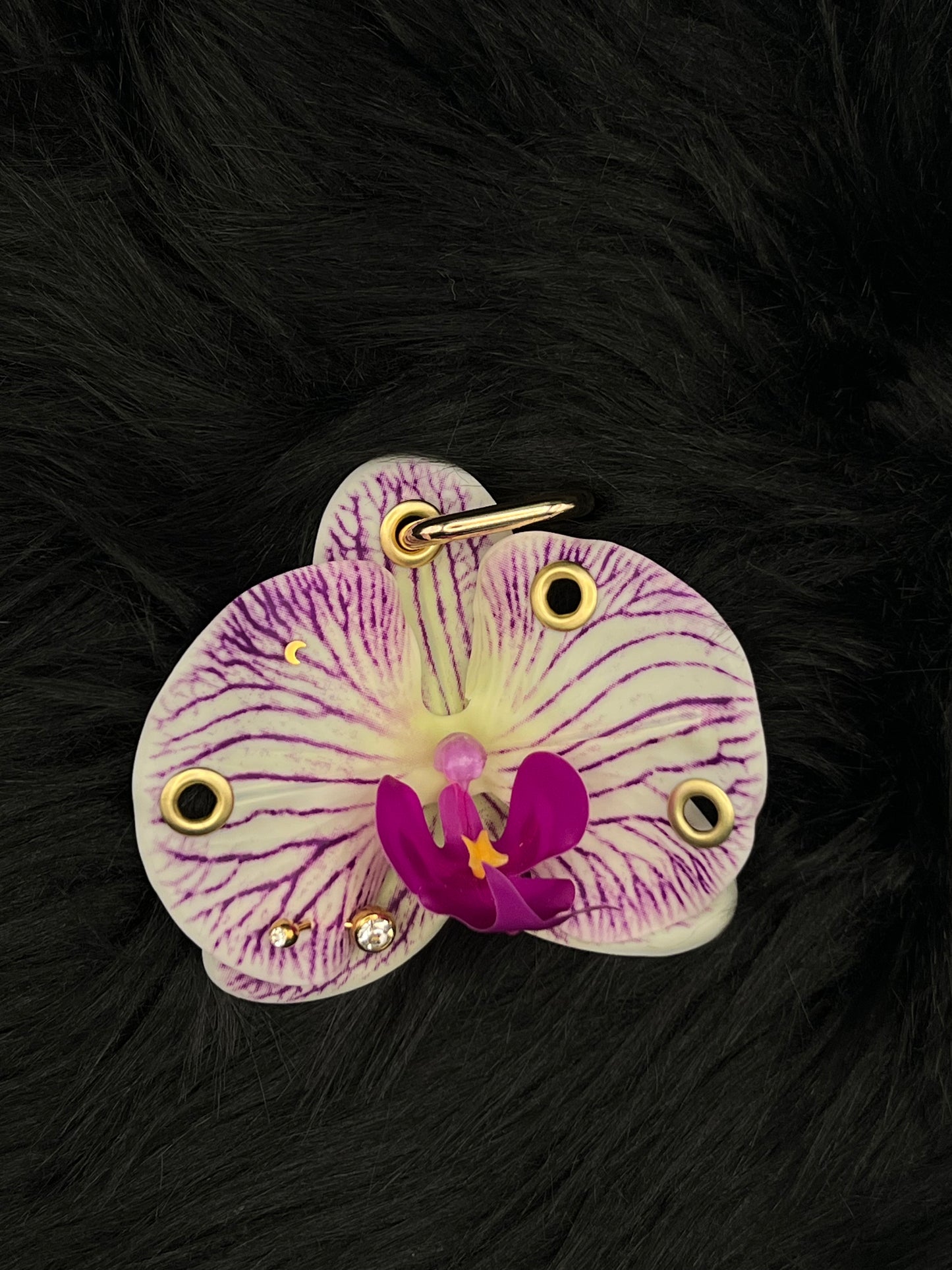 Purple and White Pierced Orchid Keychain With Gold Hardware
