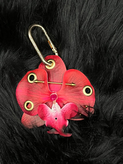 Red Pierced Orchid Keychain With Gold Hardware