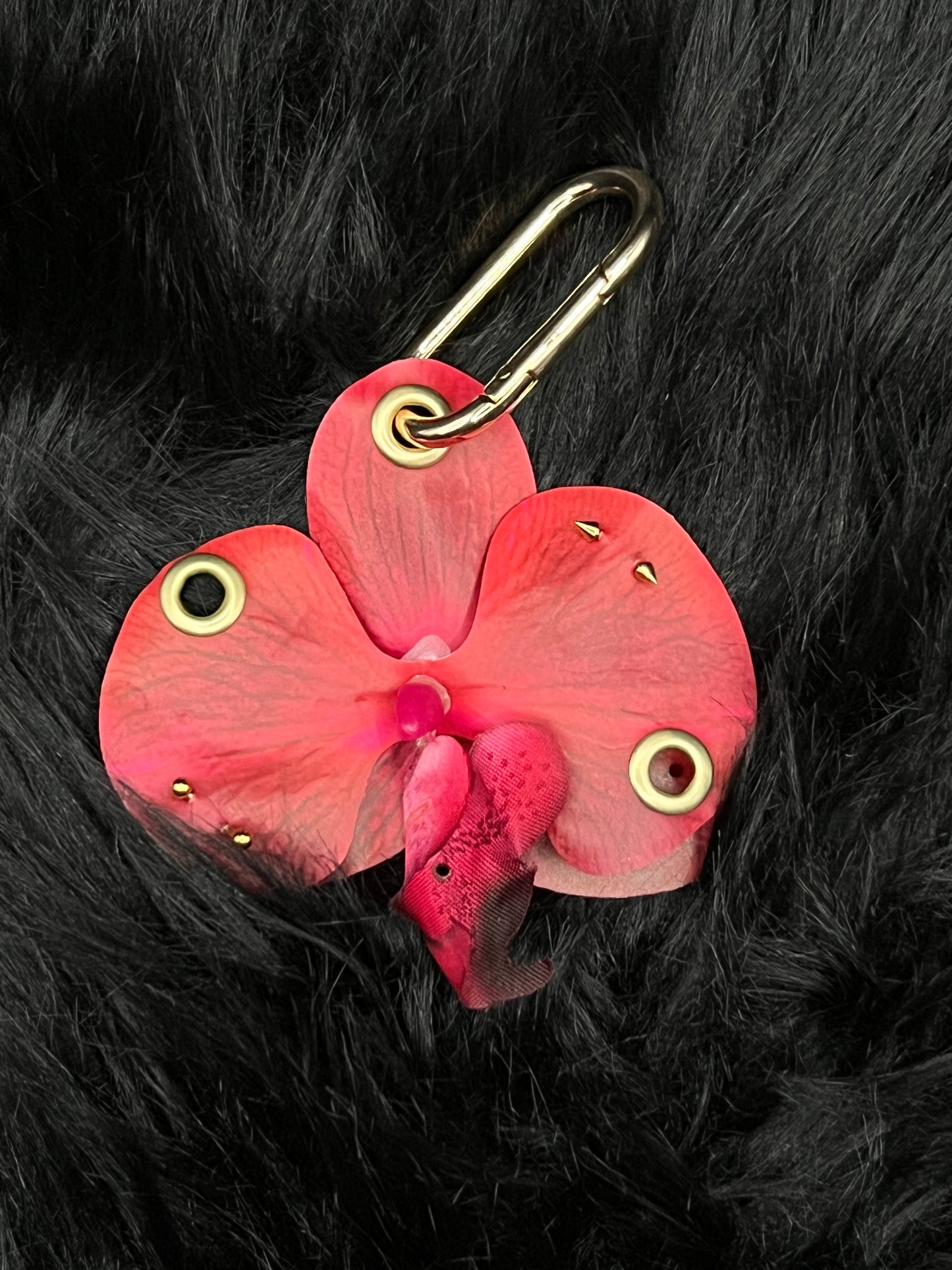 Red Pierced Orchid Keychain With Gold Hardware