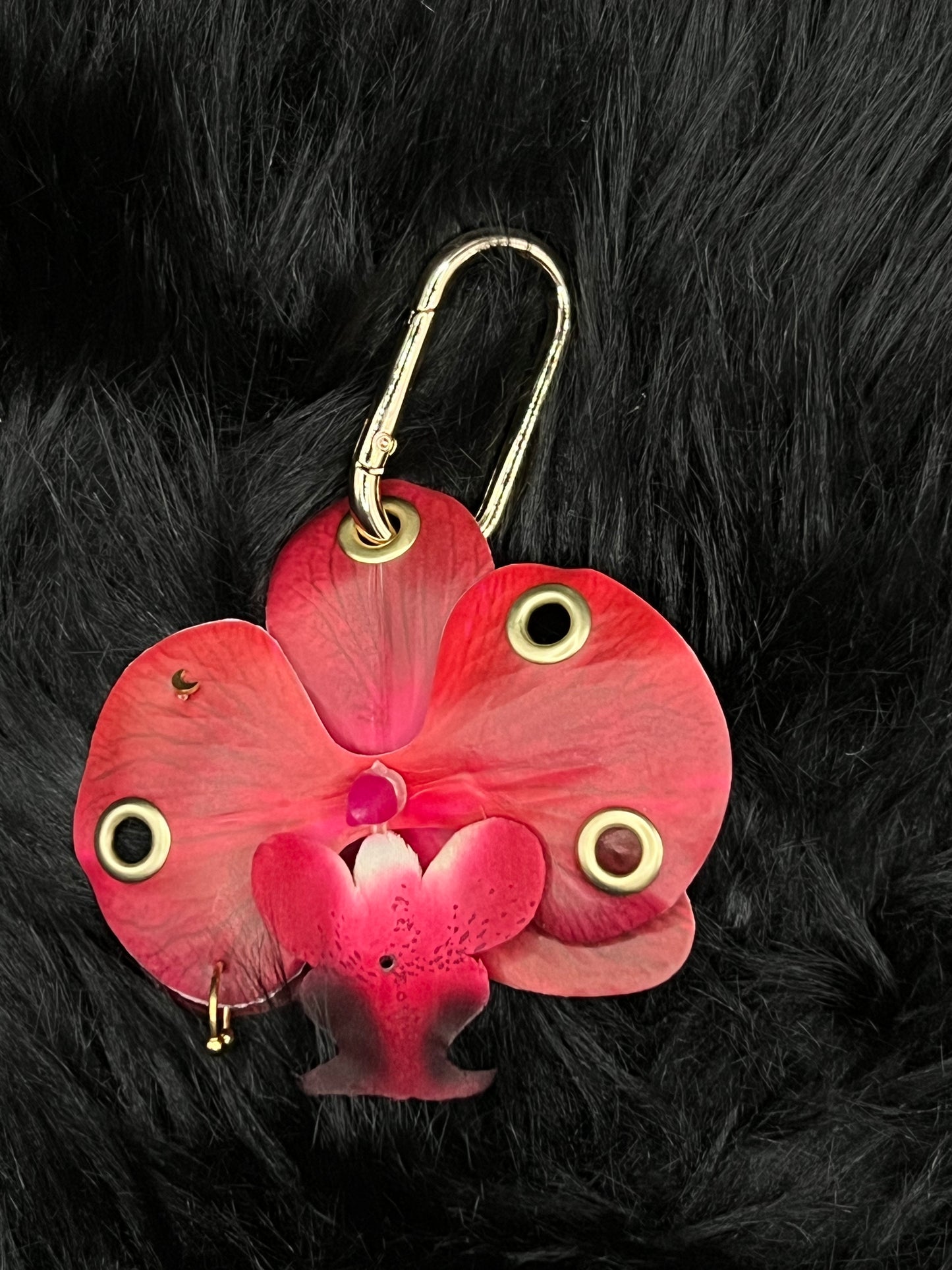 Red Pierced Orchid Keychain With Gold Hardware