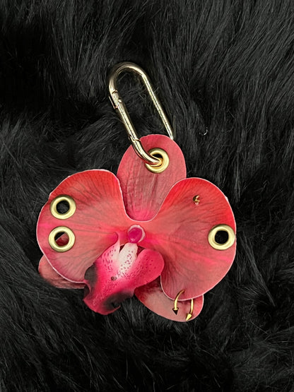 Red Pierced Orchid Keychain With Gold Hardware