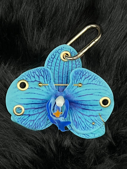 Blue Pierced Orchid Keychain With Gold Hardware