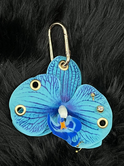 Blue Pierced Orchid Keychain With Gold Hardware