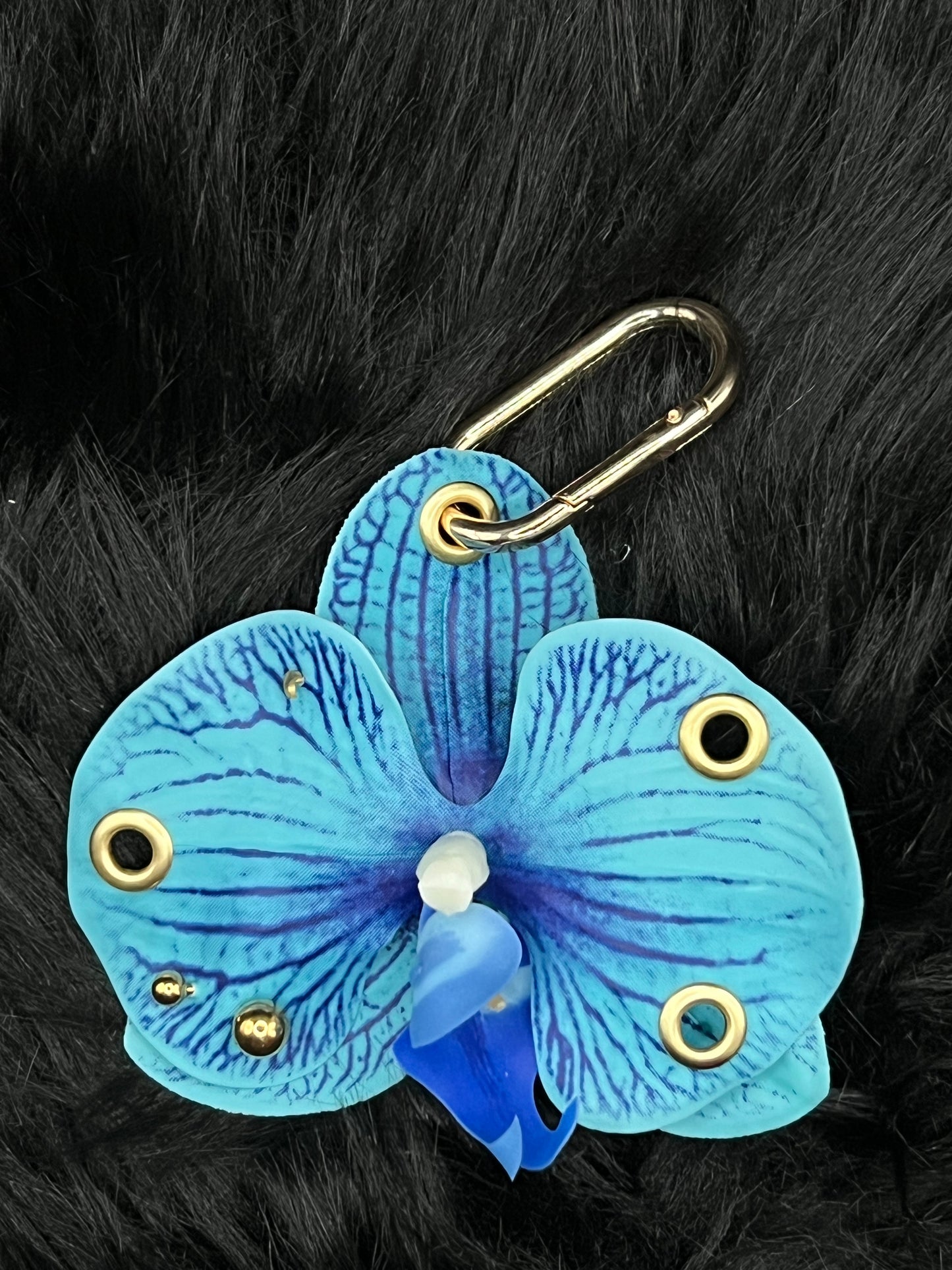 Blue Pierced Orchid Keychain With Gold Hardware