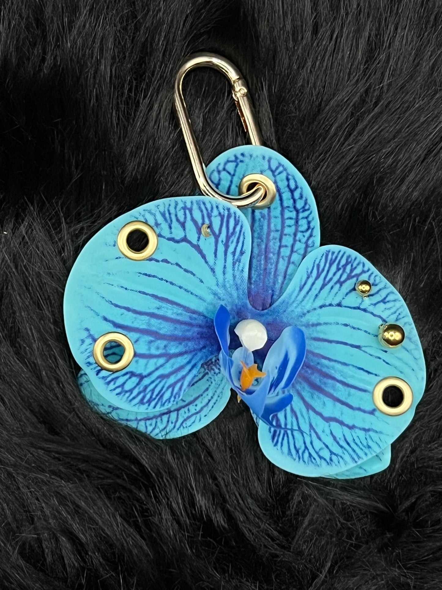 Blue Pierced Orchid Keychain With Gold Hardware