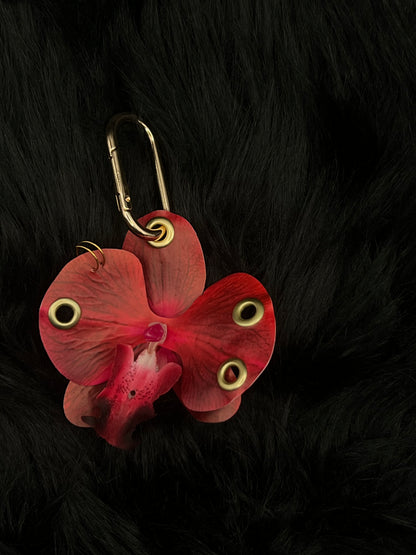 Red Pierced Orchid Keychain With Gold Hardware