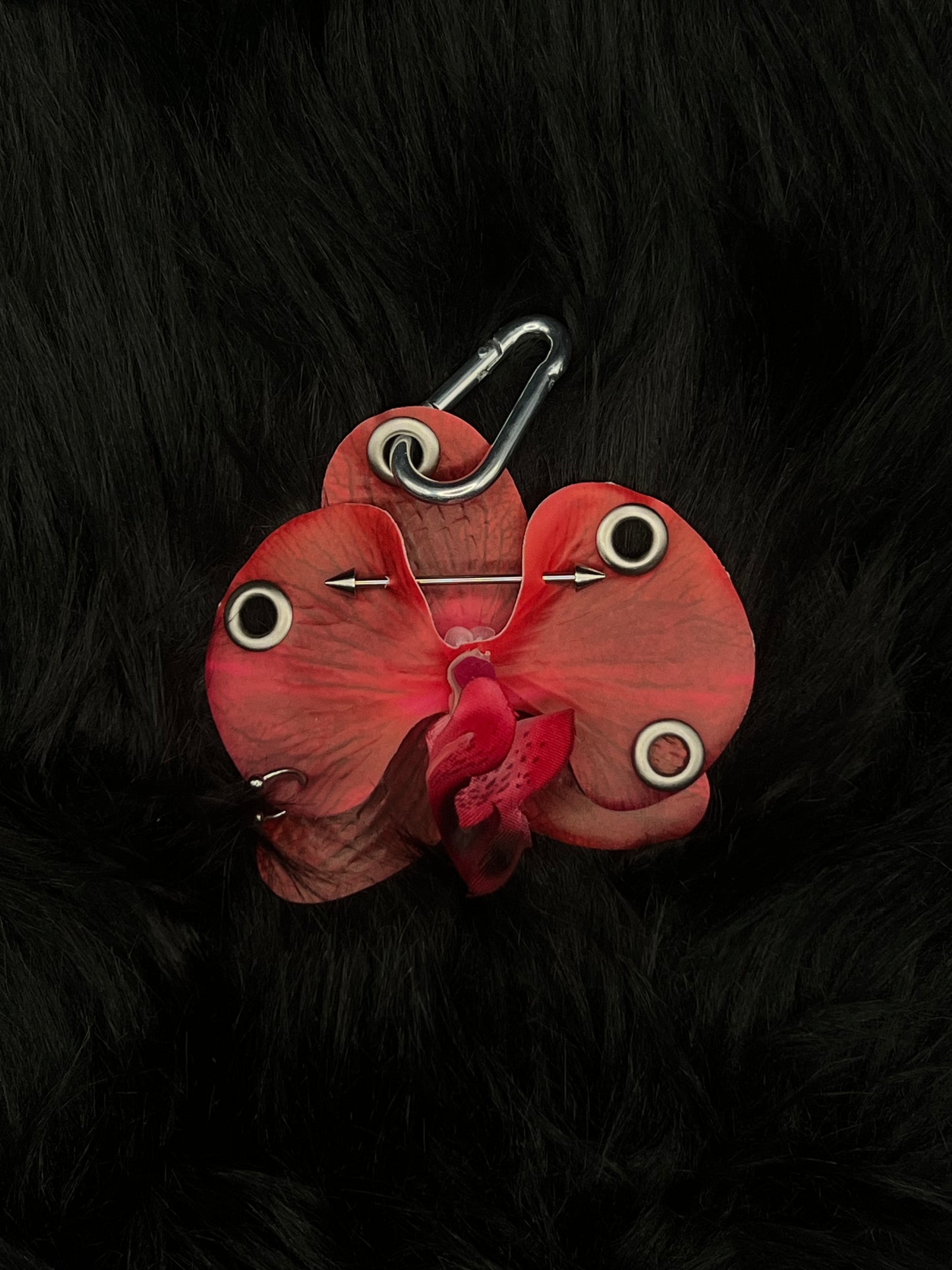Red Pierced Orchid Keychain With Silver Hardware