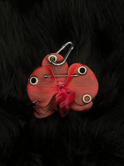 Red Pierced Orchid Keychain With Silver Hardware