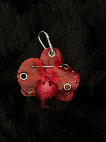 Red Pierced Orchid Keychain With Silver Hardware
