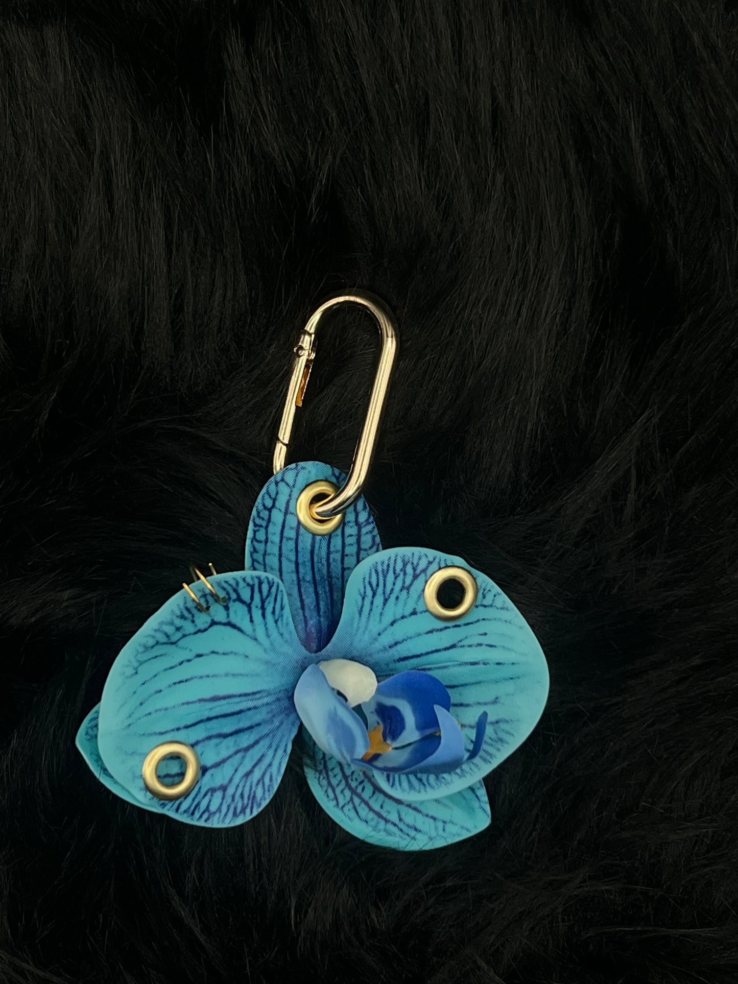 Blue Pierced Orchid Keychain With Gold Hardware