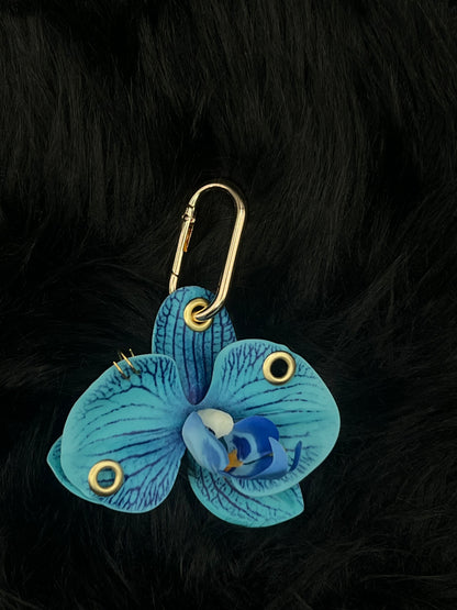 Blue Pierced Orchid Keychain With Gold Hardware