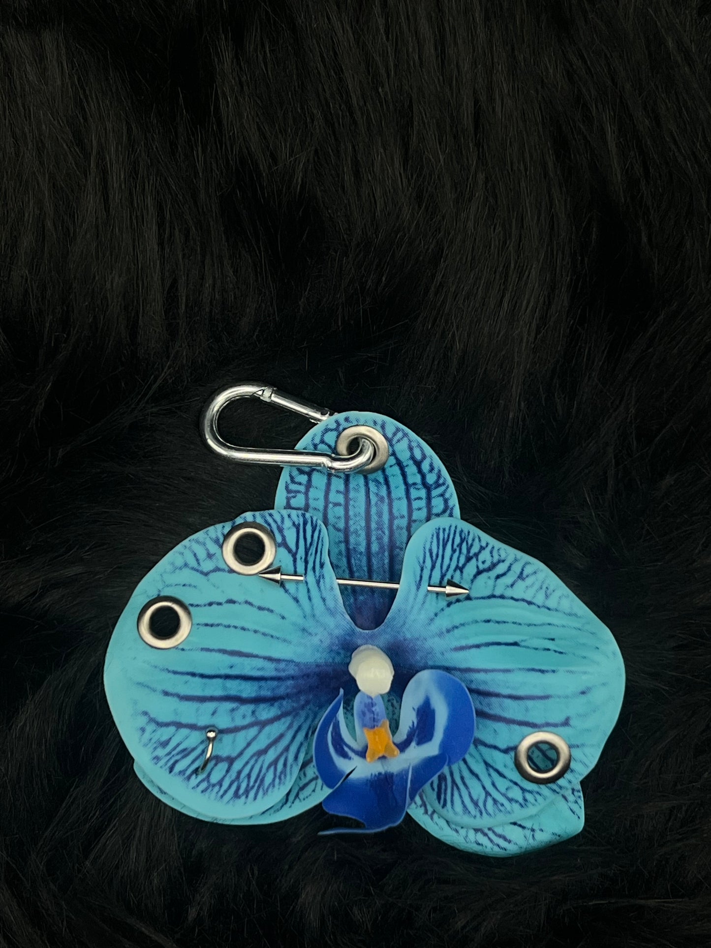 Blue Pierced Orchid Keychain With Silver Hardware