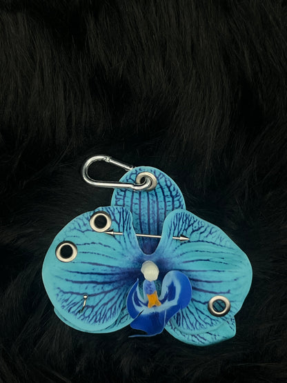 Blue Pierced Orchid Keychain With Silver Hardware