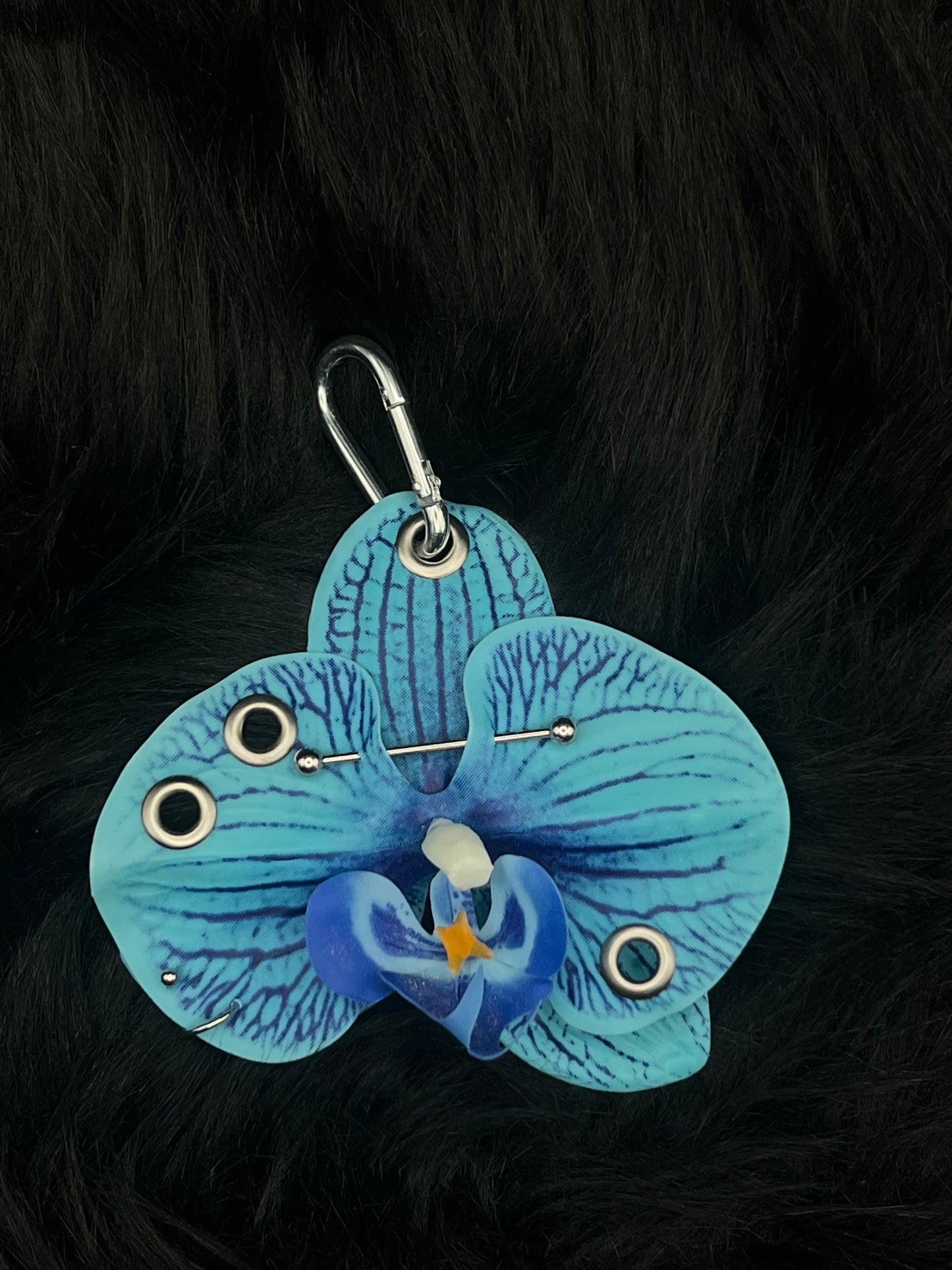 Blue Pierced Orchid Keychain With Silver Hardware