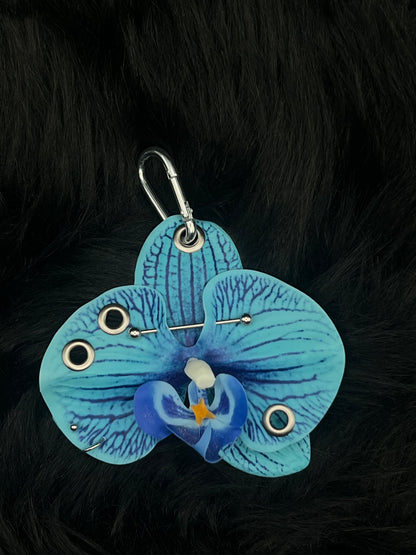 Blue Pierced Orchid Keychain With Silver Hardware