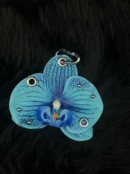 Blue Pierced Orchid Keychain With Silver Hardware