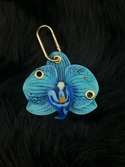 Blue Pierced Orchid Keychain With Gold Hardware