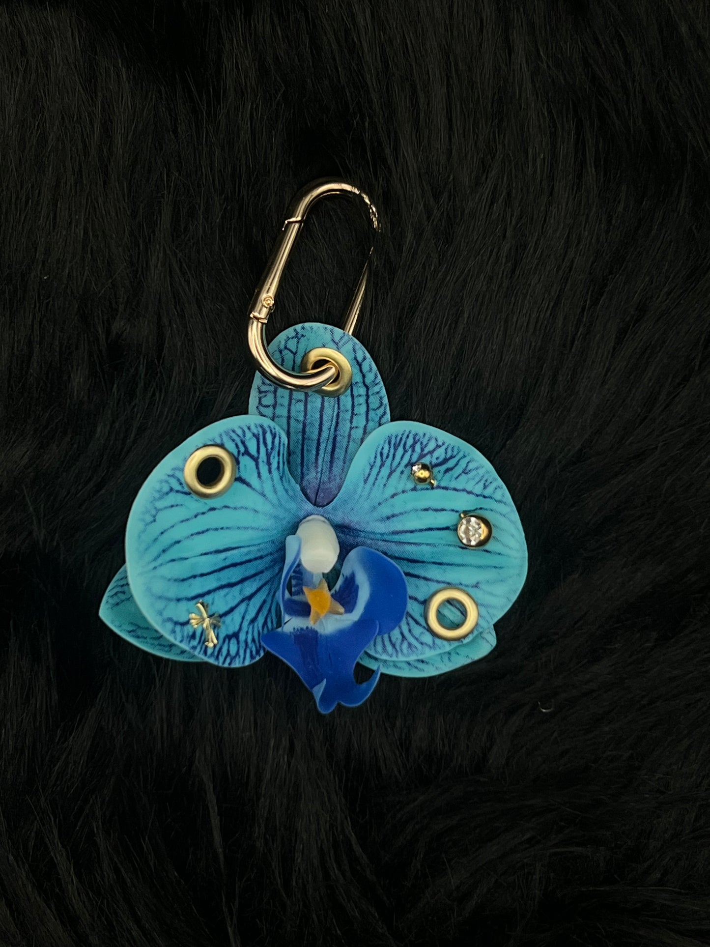 Blue Pierced Orchid Keychain With Gold Hardware