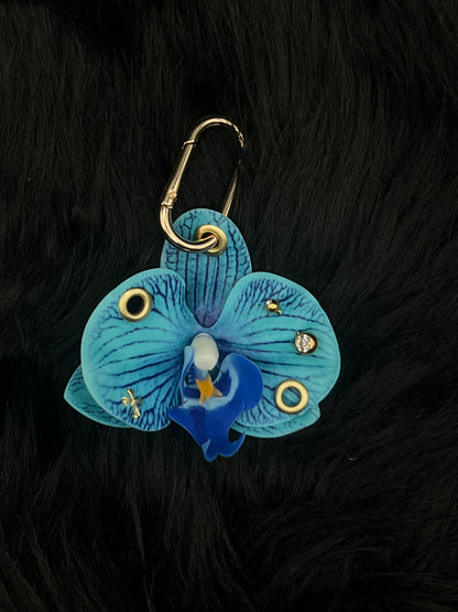 Blue Pierced Orchid Keychain With Gold Hardware