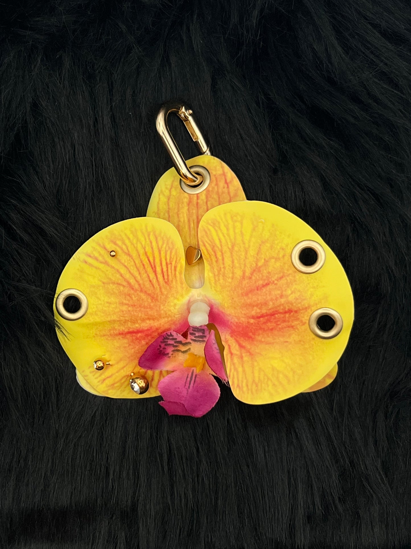 Yellow Pierced Orchid Keychain With Gold Hardware