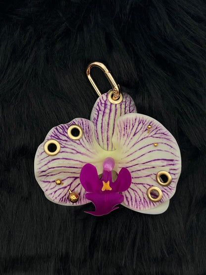 Purple and White Pierced Orchid Keychain With Gold Hardware