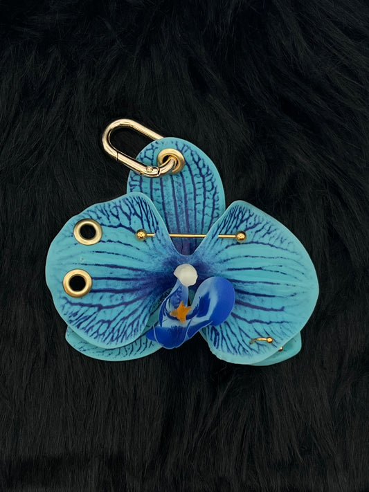 Blue Pierced Orchid Keychain With Gold Hardware