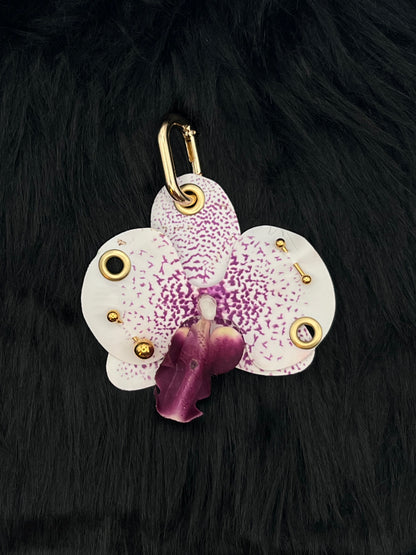 Purple and White Pierced Orchid Keychain With Gold Hardware