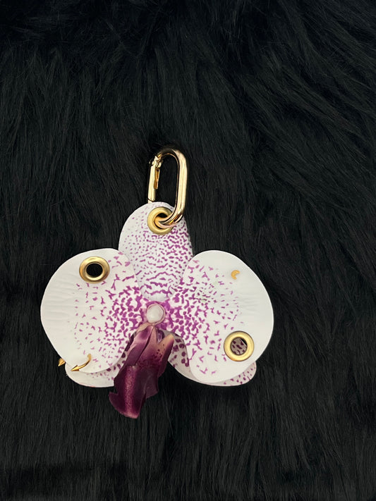 Purple and White Pierced Orchid Keychain With Gold Hardware