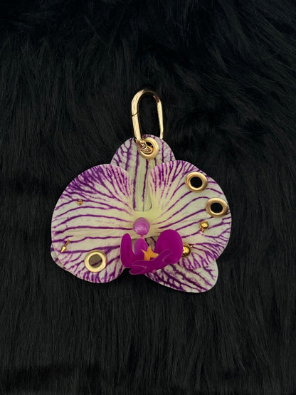 Purple and White Pierced Orchid Keychain With Gold Hardware