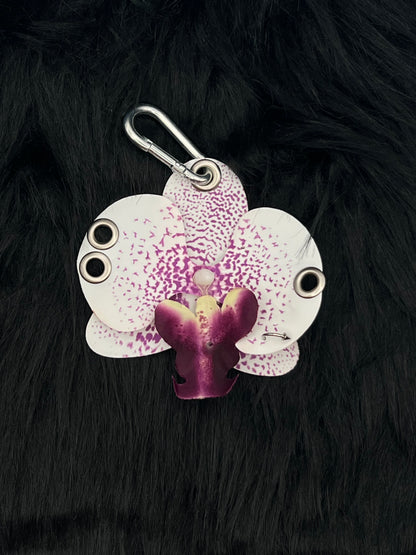 Purple and White Pierced Orchid Keychain With Silver Hardware