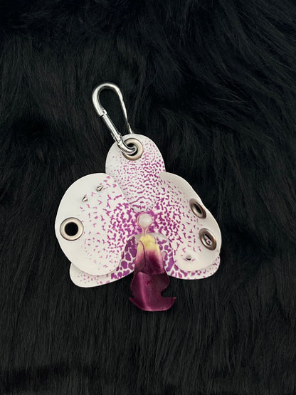 Purple and White Pierced Orchid Keychain With Silver Hardware