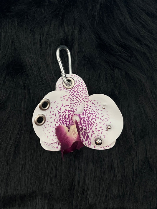 Purple and White Pierced Orchid Keychain With Silver Hardware