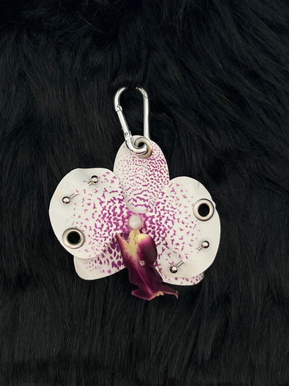 Purple and White Pierced Orchid Keychain With Silver Hardware